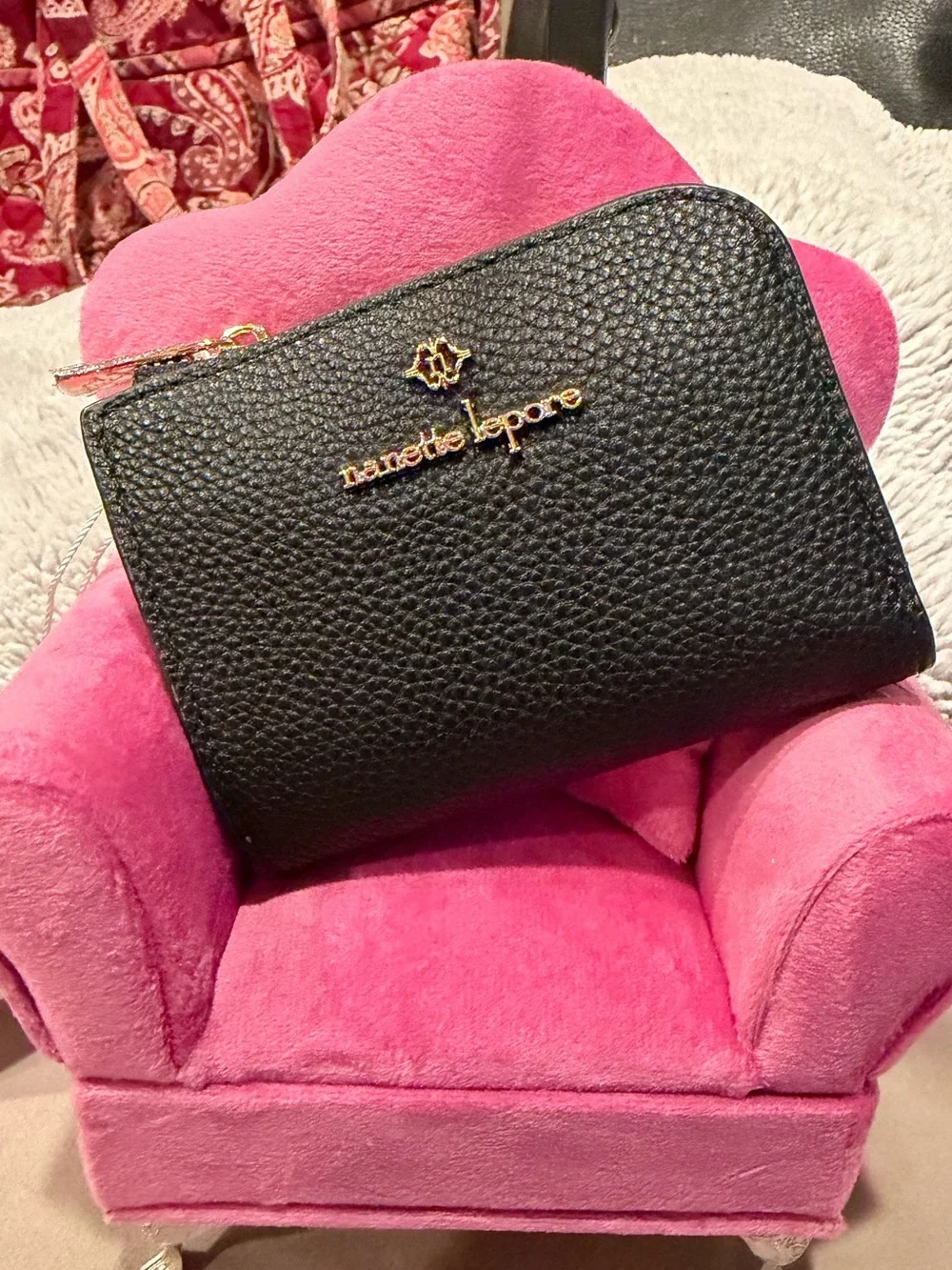 Nanette Lepore Christie Black Pebbled Vegan Leather Zip Card Wallet